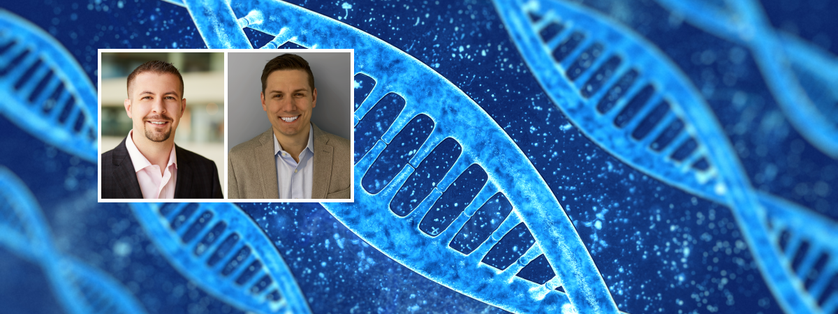 Head shots of Dr. Paul Tesar and Dr. Ben Clayton before a background of artistically rendered DNA helix