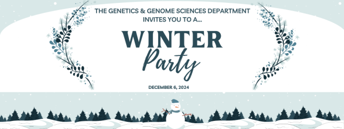 Winter scene with snow and evergreen trees and a snowman promoting the GGS department winter party.