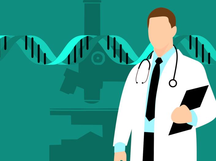 Icon of a doctor with a clipboard and stethoscope infront of a background of a DNA helix and outline of a microscope 