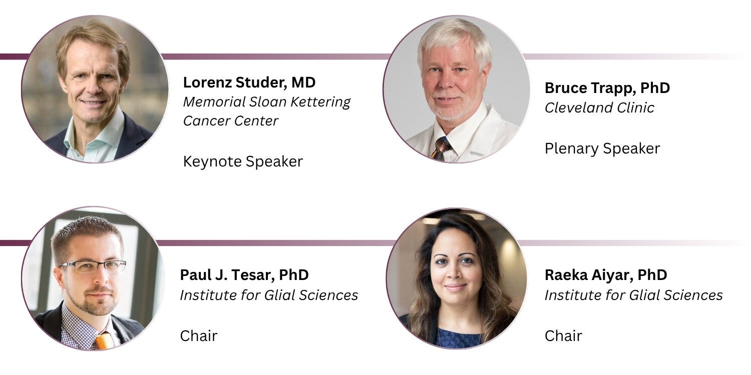 Four featured participants in the 2025 Translational Glial Sciences Conference are shown with circular headshots and text. Top left: Lorenz Studer, MD of Memorial Sloan Kettering Cancer Center, labeled as Keynote Speaker. Top right: Bruce Trapp, PhD of Cleveland Clinic, labeled as Plenary Speaker. Bottom left: Paul J. Tesar, PhD of the Institute for Glial Sciences, labeled as Chair. Bottom right: Raeka Aiyar, PhD of the Institute for Glial Sciences, also labeled as Chair. 