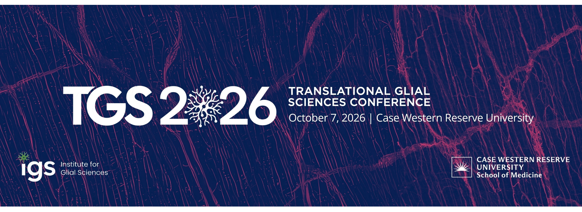 Banner for the 2026 Translational Glial Sciences (TGS) Conference. White text over a microscopic image of neural tissue in purple and blue reads: “TGS 2026 Translational Glial Sciences Conference, October 7, 2026, Case Western Reserve University.” The Institute for Glial Sciences and Case Western Reserve University School of Medicine logos appear at the bottom.
