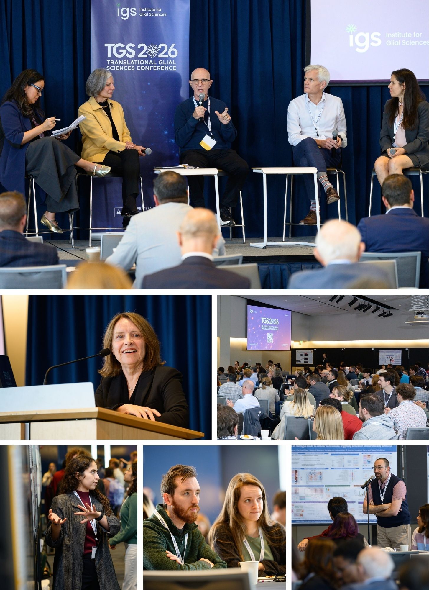 Photo collage from the 2026 Translational Glial Sciences Conference featuring a panel discussion, keynote presentation, attendees participating in scientific sessions, and researchers engaging in discussions and networking.