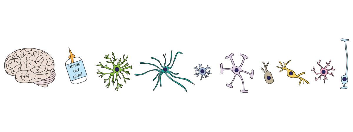 A cartoon of a brain and cells and glial