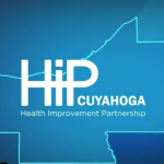 A slide with the word HIP Cuyahoga on a blue background