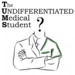 Logo for "The Undifferentiated Medical Student" Podcast: Features a drawing of a person's torso with crossed arms. They are wearing a lab coat on the left side and green scrubs on the right. There is a question mark where the head should be, and the text "The Undifferentiated Medical Student" above it.
