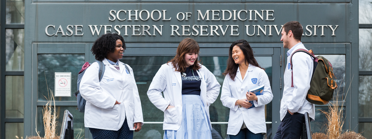 CWRU medical students outside on the stairs of the BRB 