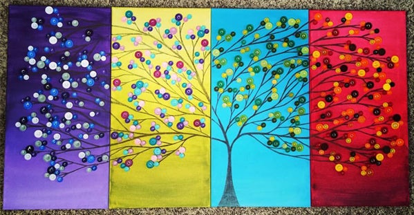 Artwork of tree in purple, yellow, blue, and red made partially from recycled caps