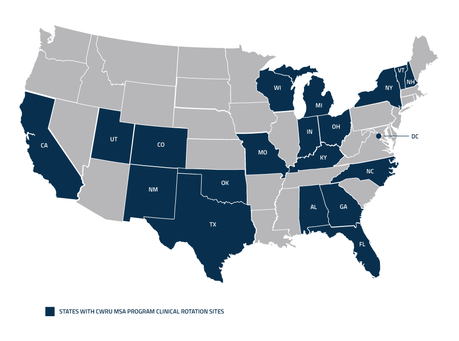 United States map with Case Western Reserve University Master of Science in Anesthesia clinical rotation states in navy blue