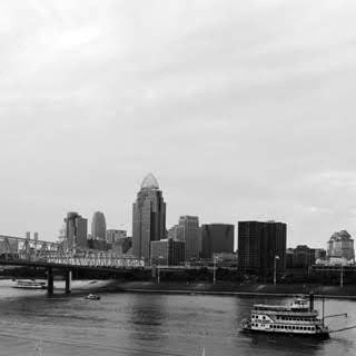 Downtown Cincinnati, Ohio with bridge and river viewed from Newport, Kentucky