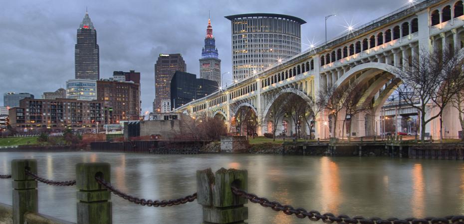 Image of Downtown Cleveland Ohio USA skyline as seen from the Cuyahoga River