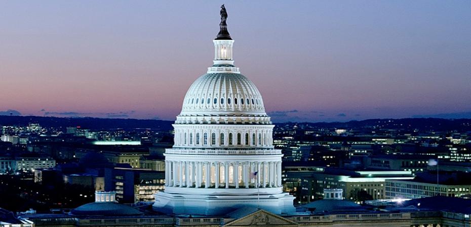 Image of nighttime Washington DC USA looking onto the State Capitol Building dome