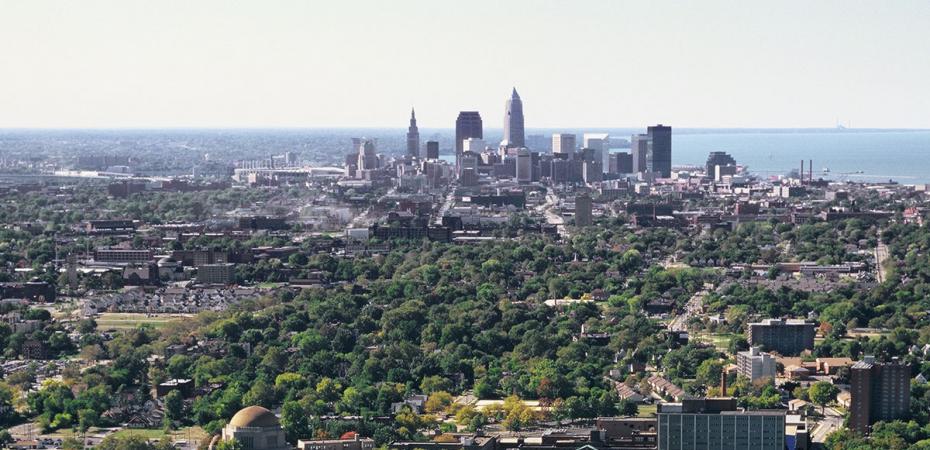 Aerial view of downtown Cleveland from CWRU