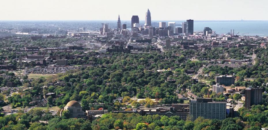 Aerial view of Case Western Reserve University campus with Downtown Cleveland in distance
