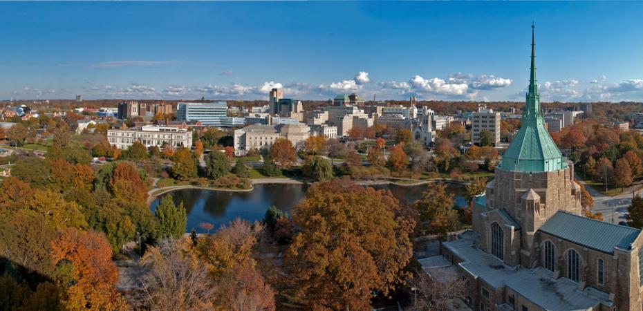 Lagoon in University Circle surrounded by trees and buildings on Case Western Reserve University's campus in Cleveland