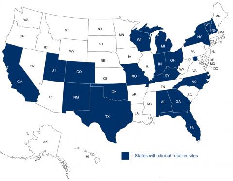 Image of map of the United States with a key noting the states with clinical rotation sites in blue (AL AK AZ AR CA CO CT DE FL GA HI ID IL IN IA KS KY LA ME MD MA MI MN MS MO MT NE NV NH NJ NM NY NC ND OH OK OR PA RI SC SD TN TX UT VT VA WA WV WI WY)