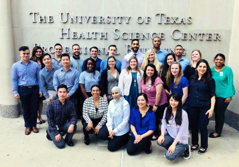 Group photo of Master of Science in Anesthesia students standing at the University of Texas Health Science Center in Houston