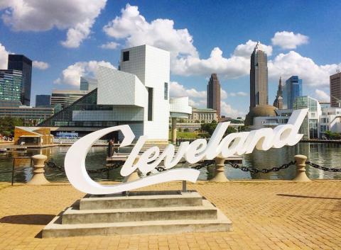 Sign reading Cleveland in downtown Cleveland, Ohio