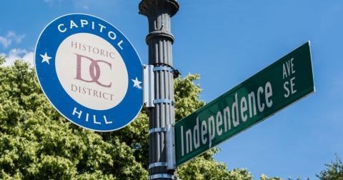 Historic sign reading Capitol Hill, Historic District and Independence Avenue SE in Washington, D.C.
