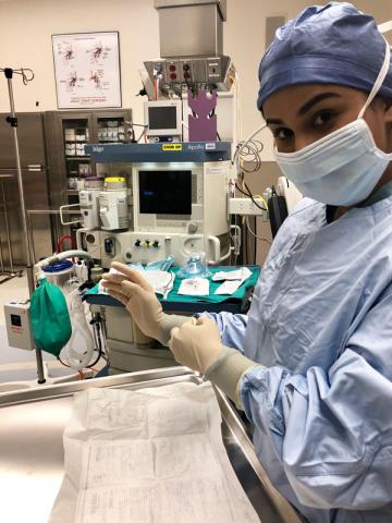 Female certified anesthesiologist assistant student in operating room putting on gloves