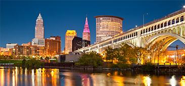 Image of skyline of downtow Cleveland Ohio USA at night