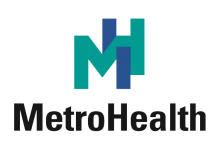 MetroHealth Logo with interlocking green and blue M and H design