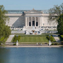 Exterior of the Cleveland Museum of Art with the lagoon in front