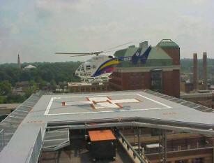 Life-flight Helicoptor landing on the top of Lerner Tower