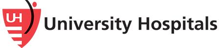 Image of Logo for University Hospitals with red triangular shield with a white UH and three white lines on the left, and a black slash on the right, with a red dot over the left side, with the words University Hospitals after it
