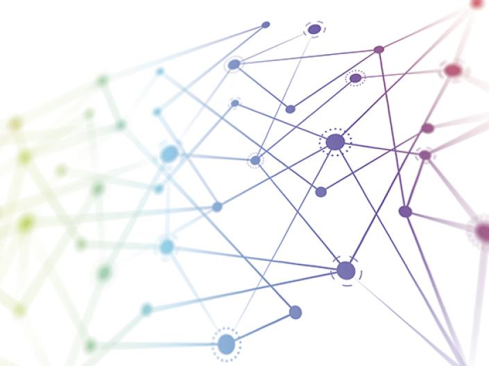 Image of dots and lines connected in a random pattern, with some dots bigger than others, with the entire pattern flowing from yellow to orange to green to blue to purple to red