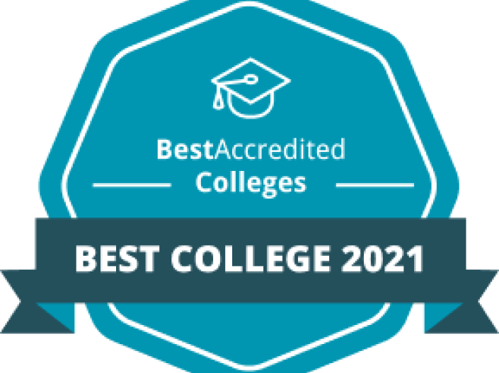 Blue badge that reads "BestAccredited Colleges, Best College 2021"