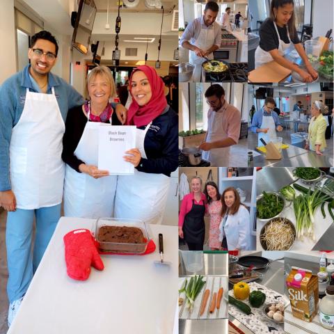 Collage of images of residents and physicians preparing recipes in a culinary lab.
