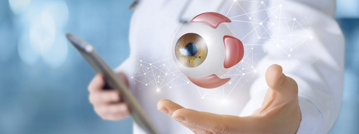 Illustration of a doctor holding a 3D model of an eye 