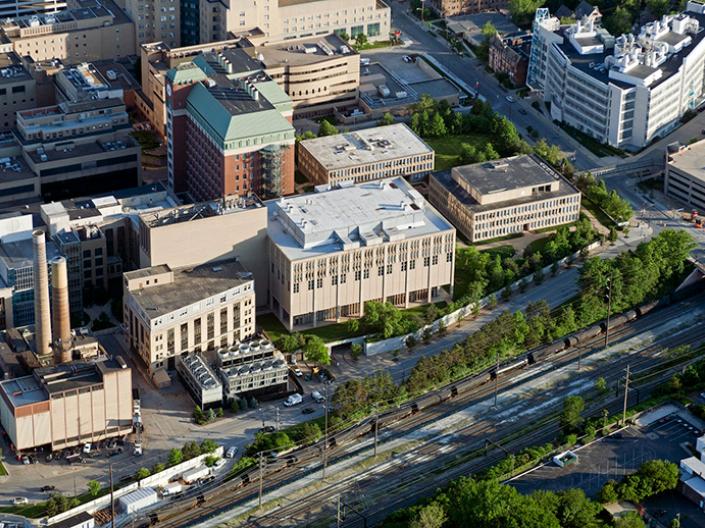 Aerial photo of Biomedical Research Building at Case Western Reserve School of Medicine