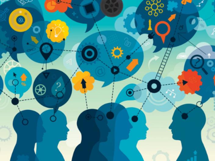 Stylized graphic image of people and interconnected thoughts and ideas