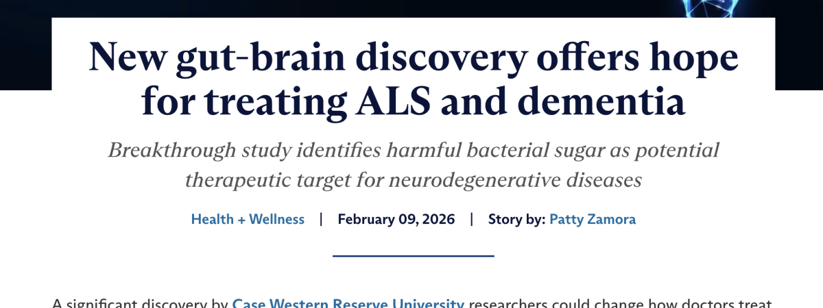 Screenshot of CWRU news article, "New gut-brain discovery offers hope for treating ALS and dementia"
