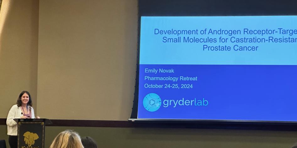 Emily Novak (PhD Student in the Gryder Lab) delivering her oral presentation at the 2024 Department of Pharmacology Scientific Research Symposium