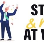 two people celebrating alongside Stand & Move at Work logo