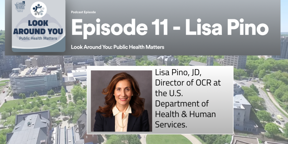 MPH podcast logo that reads: look around you public health matters and then in bigger text episode 11-Lisa Pino and then a picture of Lisa Pino that reads: Lisa Pino, JD, Director of OCR at the U.S. Department of Health & Human Services. 