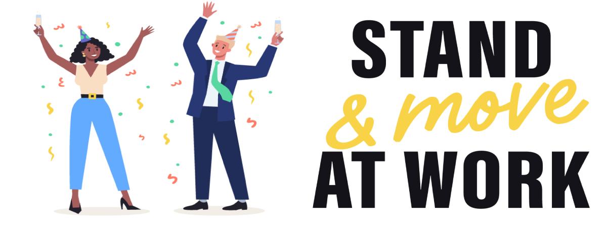 two people celebrating alongside Stand & Move at Work logo