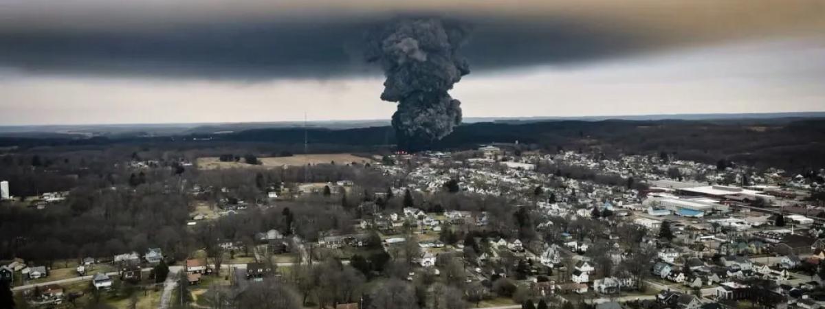 Image shot by an East Palestine resident, Rodney Bobin, showing a black plume of smoke rising during the “controlled burn” on Feb. 6, 2023.