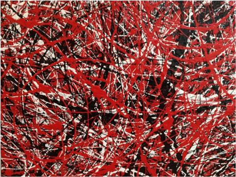 A painting of red, black, and white splattered paint. 