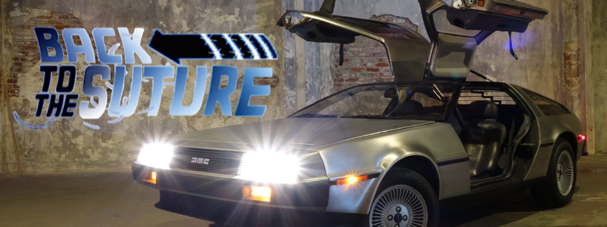 2018 Doc Opera: Back to the Suture parody promotional image with DeLorean