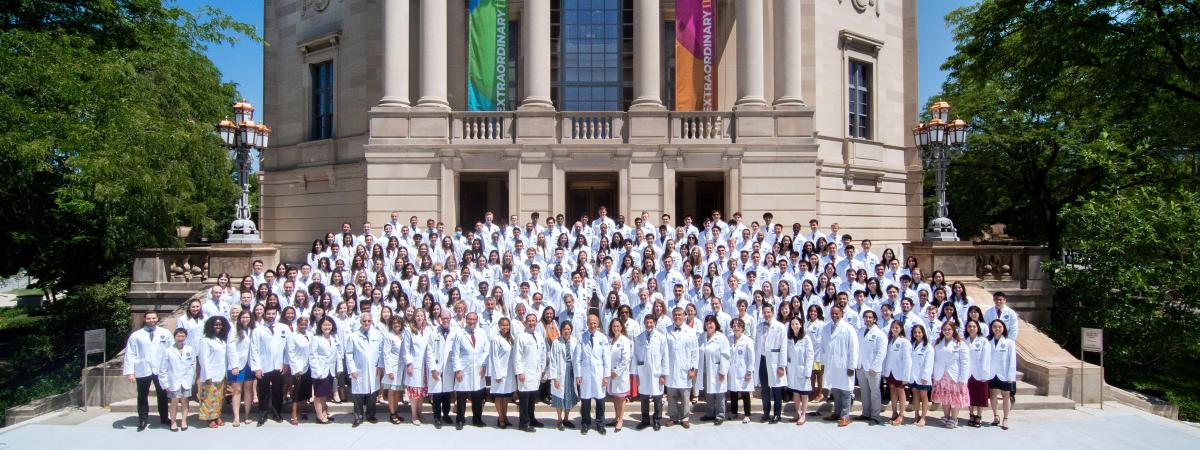 Students and faculty in front of Severance Hall following the White Coat Ceremony