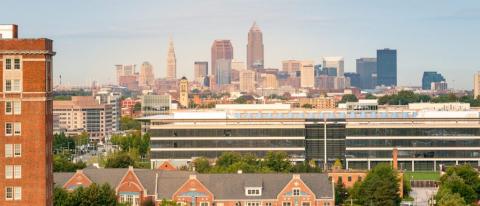 Photo of Heath Education Campus and Cleveland skyline