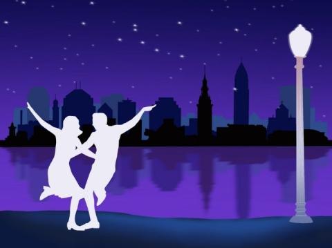 Outline of a couple dancing next to a lamp post in front of a skyline