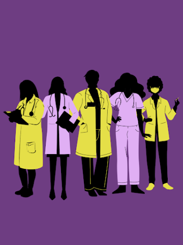 Graphic image of faceless medical professionals in lavendar and yellow, purple background