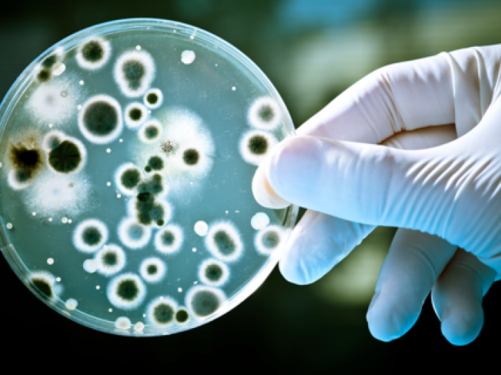 White glove displaying petri dish with unknown green samples