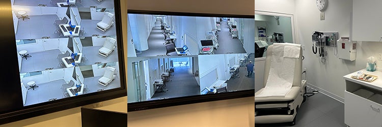 Images of the sim center control room monitors and exam room