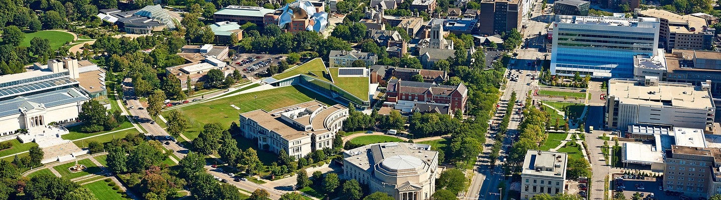 An aerial view of CWRU with the art museum, Maltz Center, and Cancer Center in view.