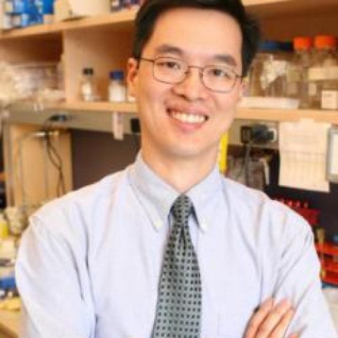Alex in white shirt wearing a tie smiling standing in a laboratory